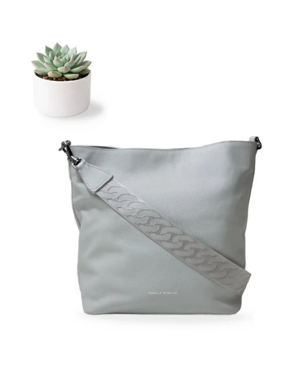 Rebecca Minkoff Light Grey Pebbled Leather Hobo Shoulder Bag Guitar Strap Purse